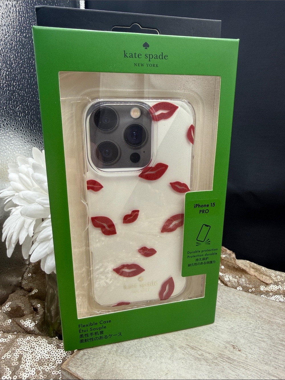kate spade White iPhone 15 Pro Case with Red Lip Print